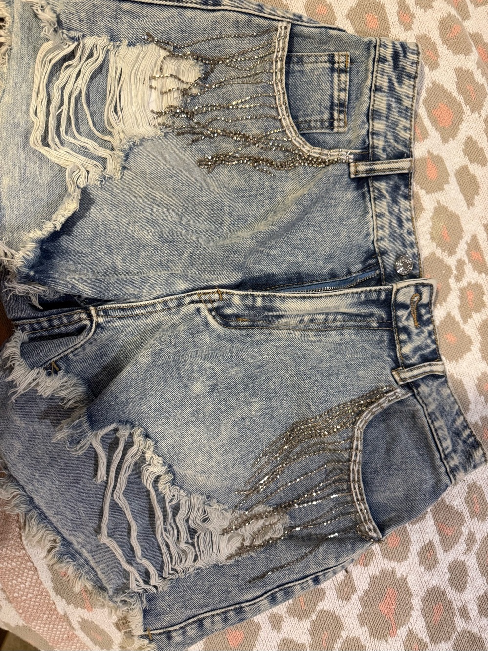 SHEIN Light Blue Distressed Denim Shorts with Rhinestone Fringe